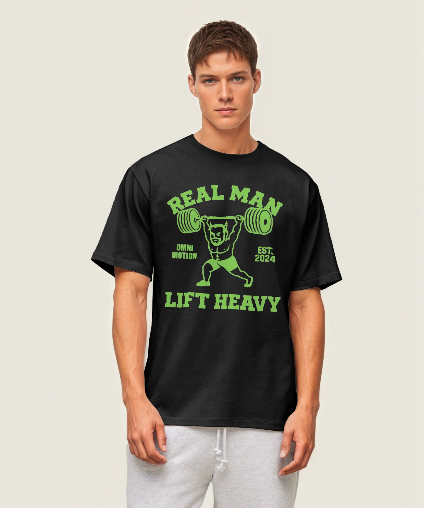 Omni Motion Oversized Gym Weightlifting Graphic Tshirt :Real Man Lift Heavy