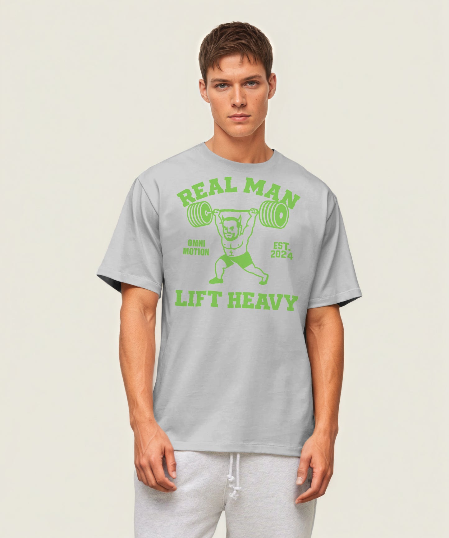 Omni Motion Oversized Gym Weightlifting Graphic Tshirt :Real Man Lift Heavy