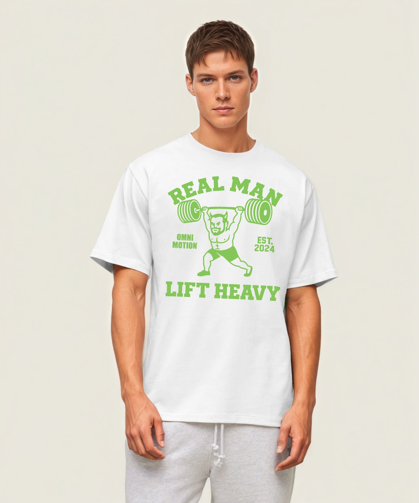 Omni Motion Oversized Gym Weightlifting Graphic Tshirt :Real Man Lift Heavy