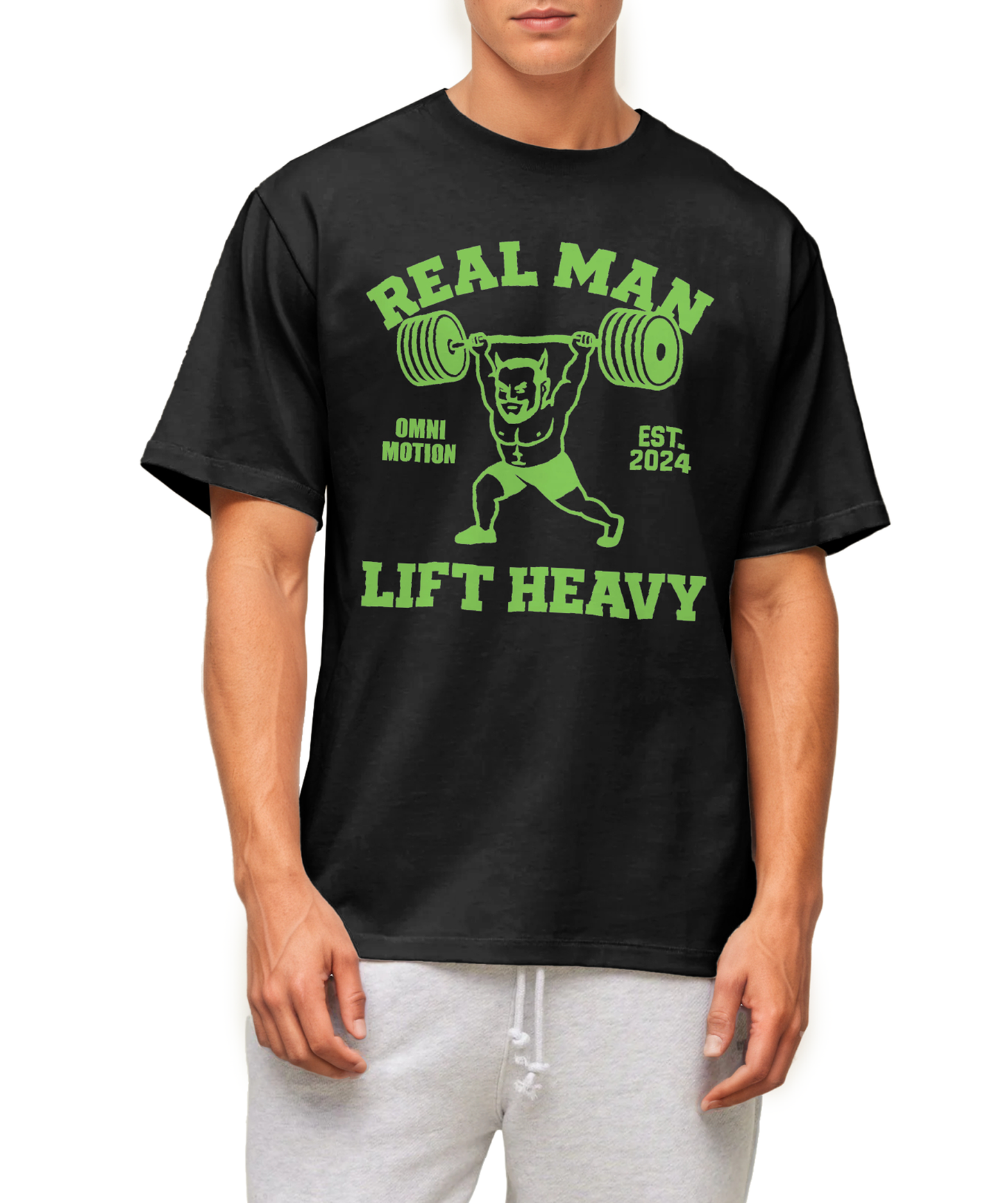 Omni Motion Oversized Gym Weightlifting Graphic Tshirt :Real Man Lift Heavy